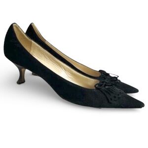 Manolo Blahnik Vintage Black Suede Bow Kitten Heel Pumps 35.5